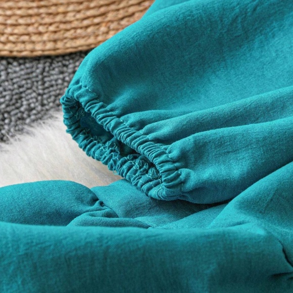 Boho Teal V neck Ruffle Hem Long Sleeve Dress - Picture 2 of 4